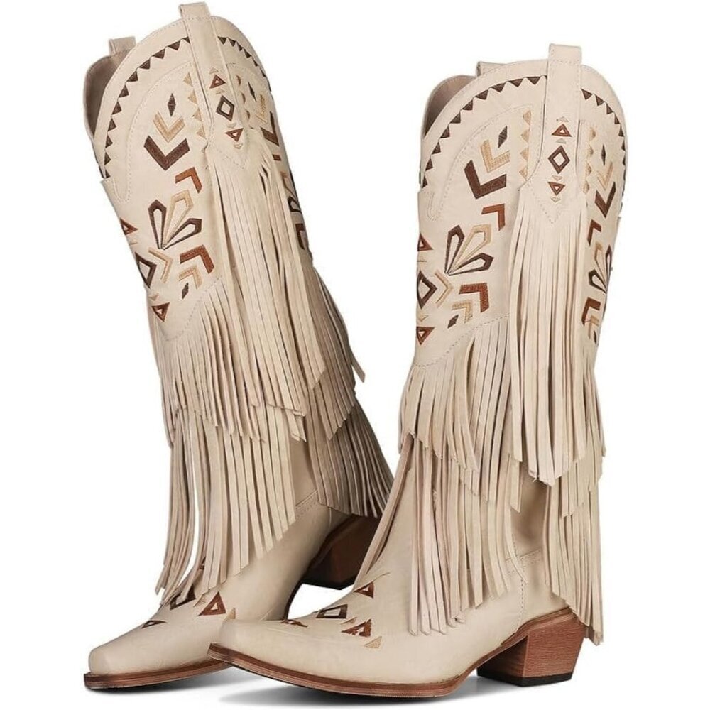 Cowboy Boots for Women Retro Pointed Toe Pull On Block Chunky Heel Embroided - Picture 1 of 7